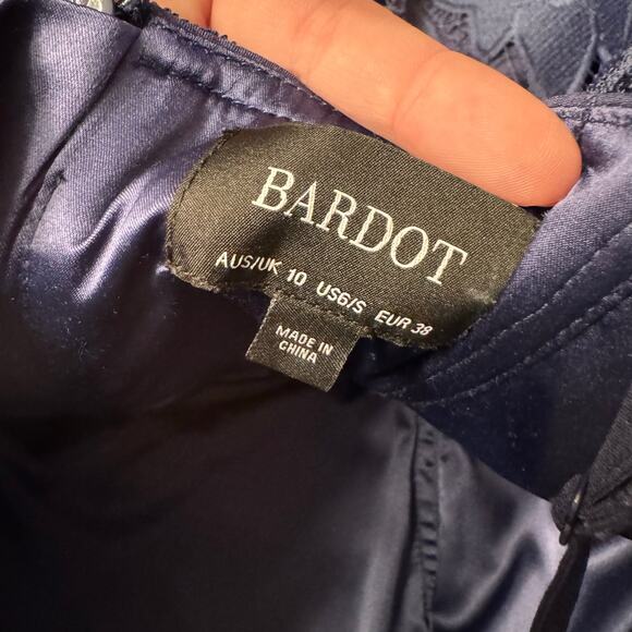 Bardot Navy Blue Lace Midi Dress Women's US 6 Scalloped Hem Cocktail Bodycon - Picture 12 of 14